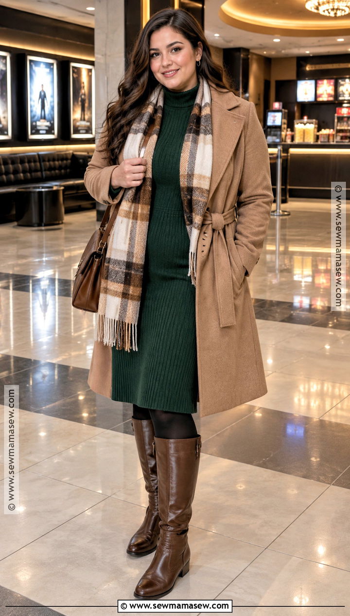 Fall Movie Night Sweater Dress And Knee High Boots Outfit - 20 fall movie night outfit ideas