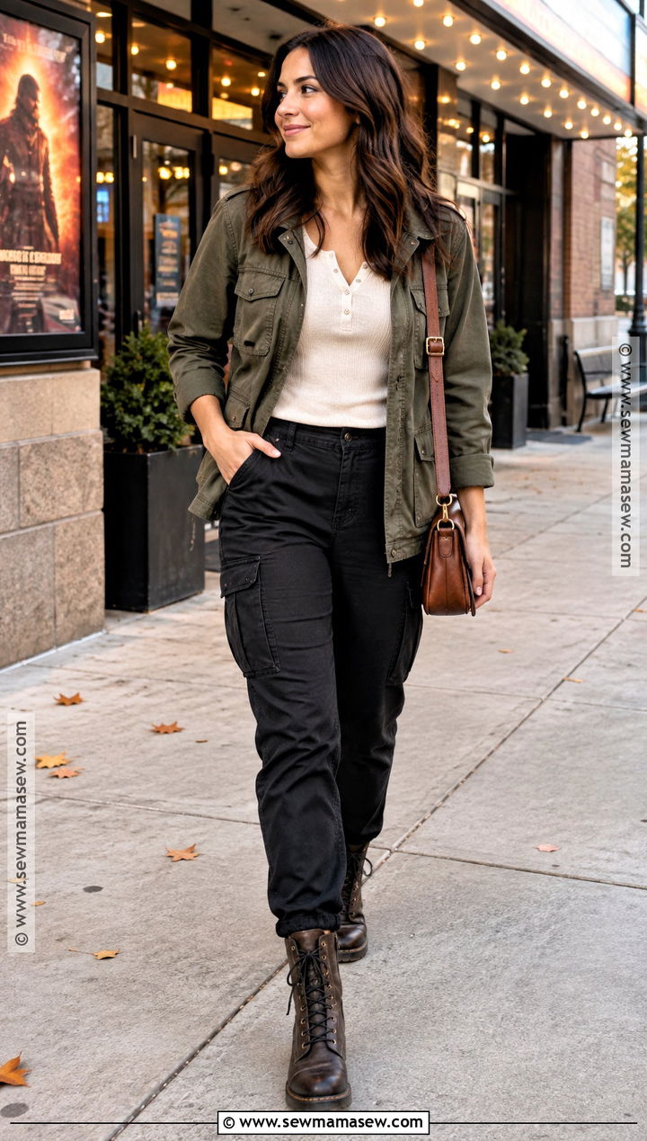 Fall Movie Night Utility Jacket And Cargo Pants Outfit - 20 fall movie night outfit ideas