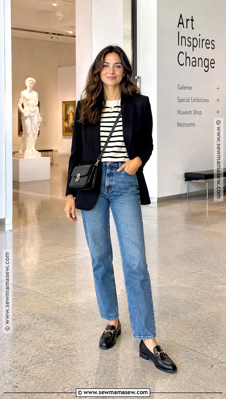 Fall Museum Outfit With Striped Top And Jeans - 15 fall capsule wardrobe 2026 travel ideas