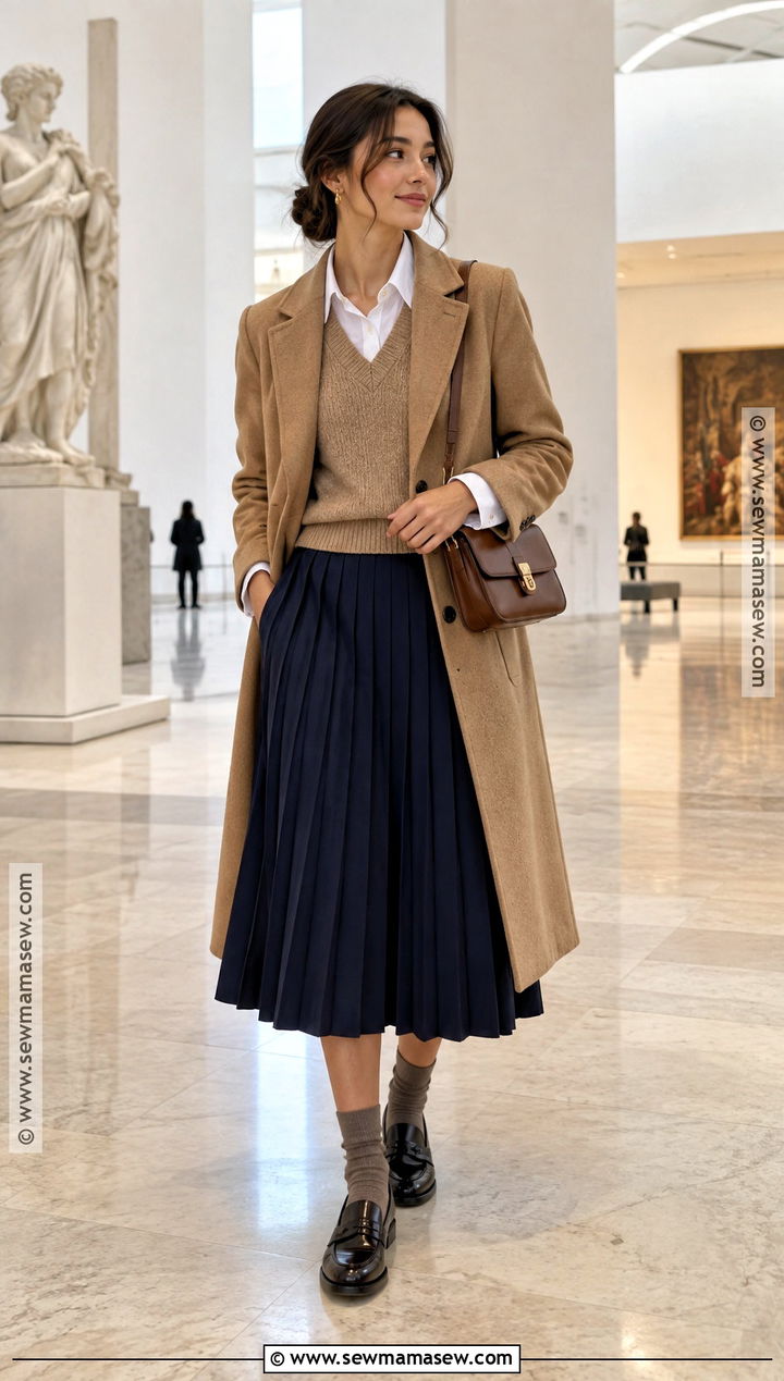Fall Museum Trip Outfit With Sweater Vest And Midi Skirt - 20 Fall Trip Outfits