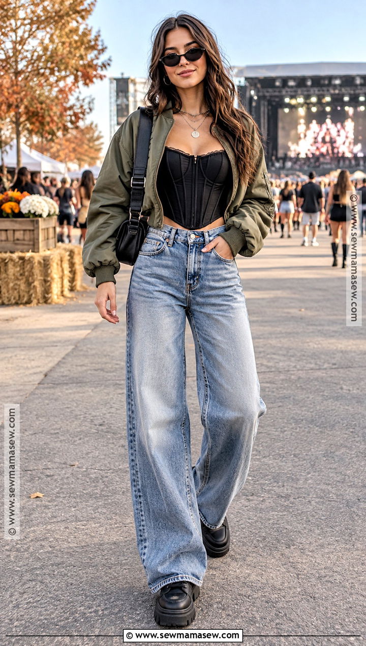 Fall Music Festival Outfit With Corset Top And Wide Leg Jeans - 15 fall music festival outfit ideas 2026