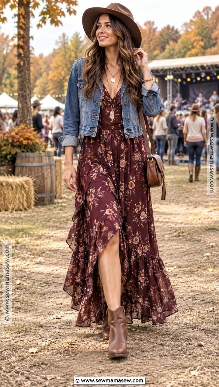 Fall Music Festival Outfit With Floral Maxi Dress And Denim Jacket - 15 fall music festival outfit ideas 2026