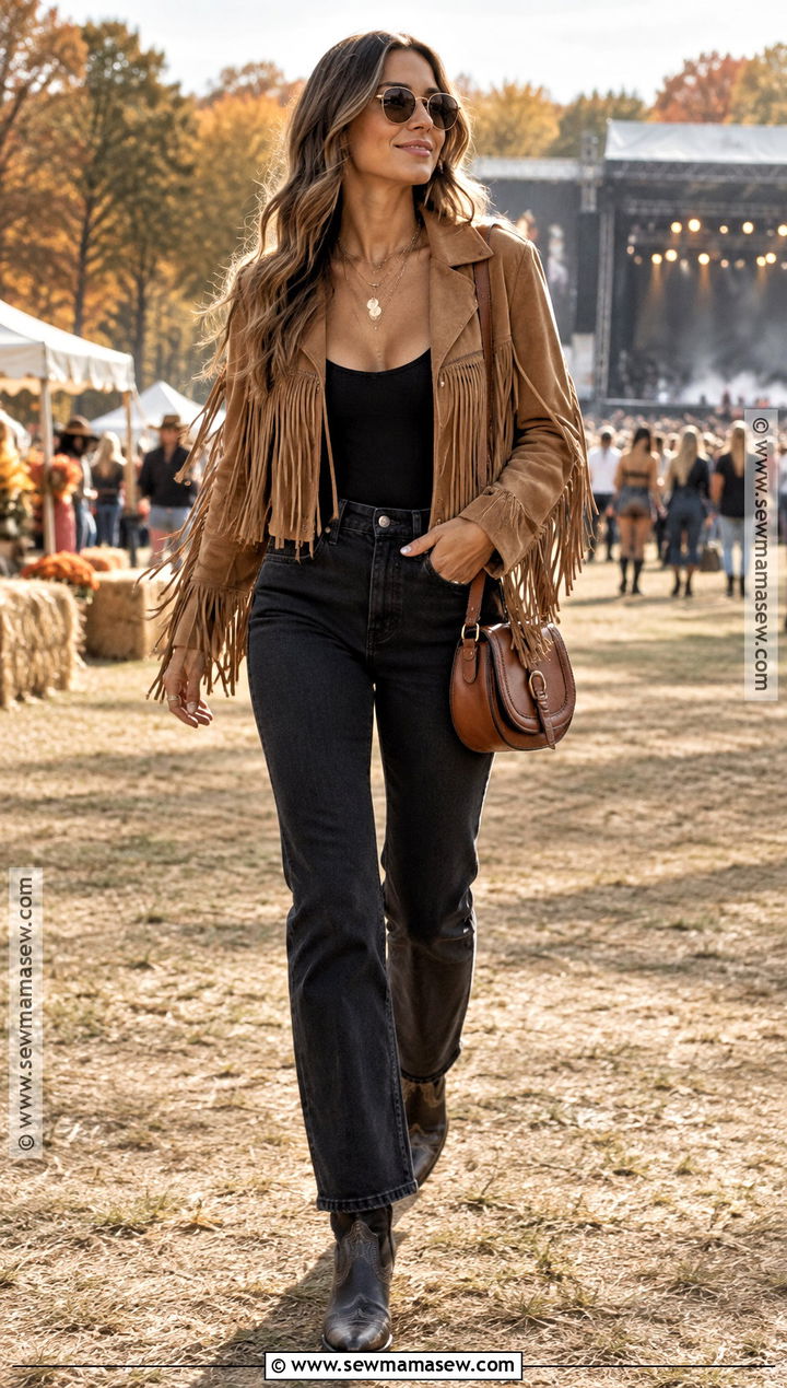 Fall Music Festival Outfit With Fringe Jacket And Black Jeans - 15 fall music festival outfit ideas 2026