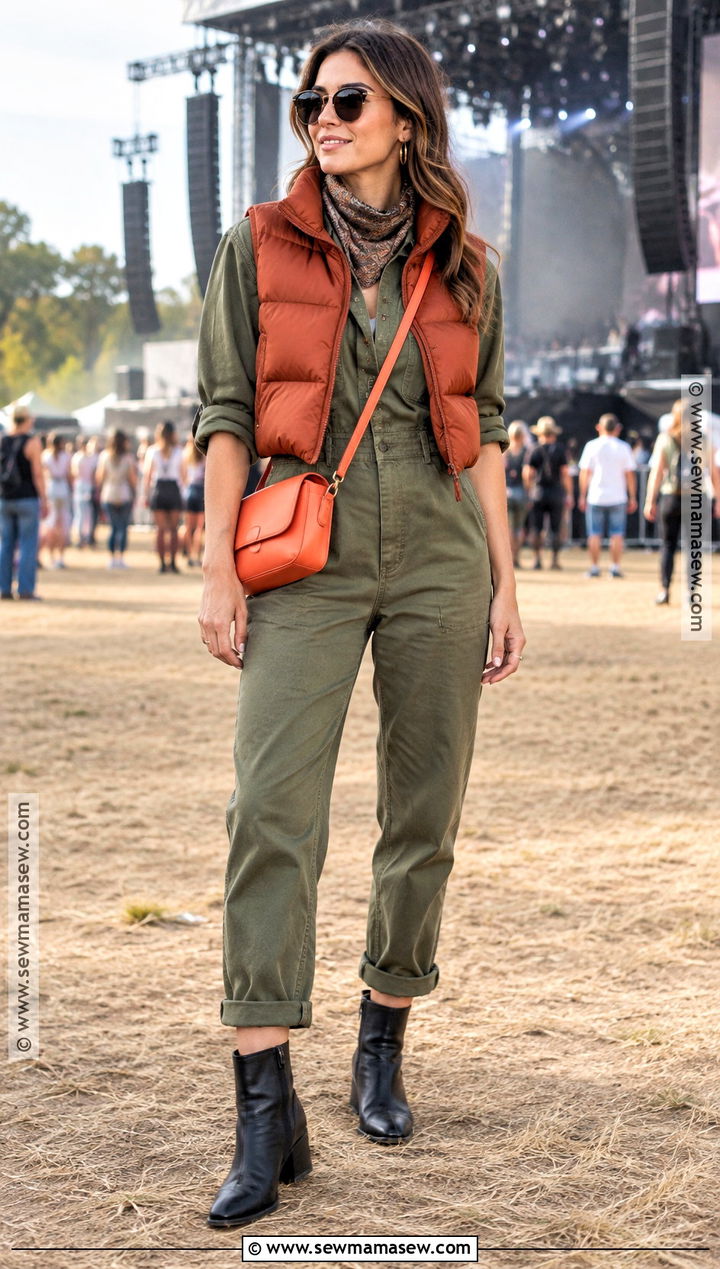 Fall Music Festival Outfit With Utility Jumpsuit And Ankle Boots - 15 fall music festival outfit ideas 2026