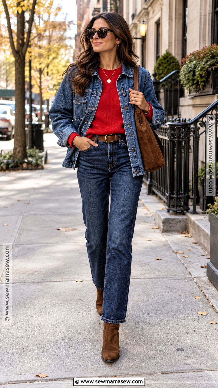Fall NYC Double Denim And Red Sweater Outfit - 20 Fall Nyc Fashion Ideas
