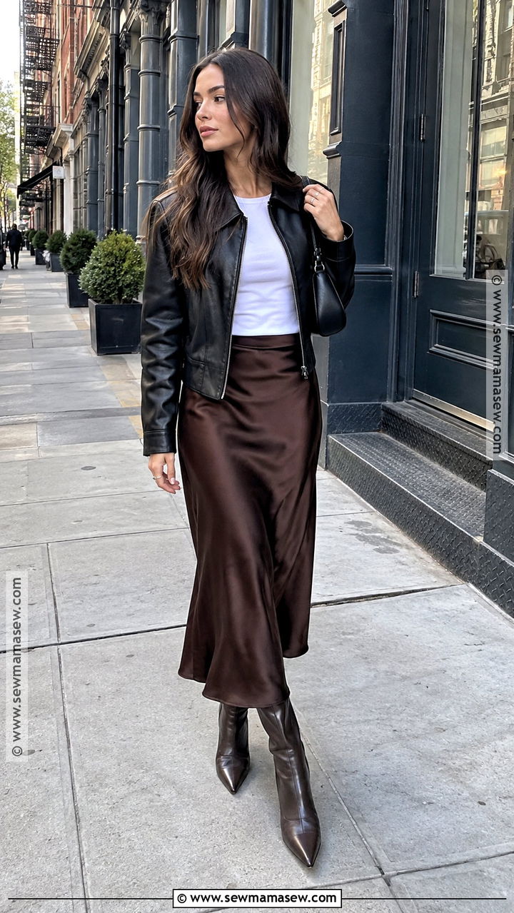 Fall NYC Leather Jacket And Slip Skirt Outfit - 20 Fall Nyc Fashion Ideas