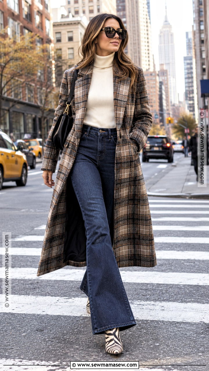 Fall NYC Plaid Coat And Flared Jeans Outfit - 20 Fall Nyc Fashion Ideas