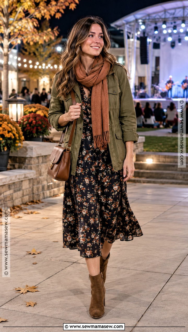 Fall Night Utility Jacket And Midi Dress Outfit - 25 fall night outfit ideas