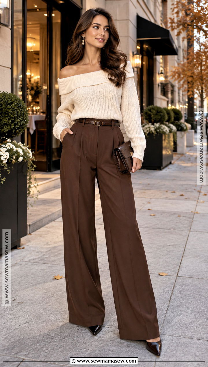 Fall Off Shoulder Sweater And Trousers Outfit - 20 fall outfits for date night