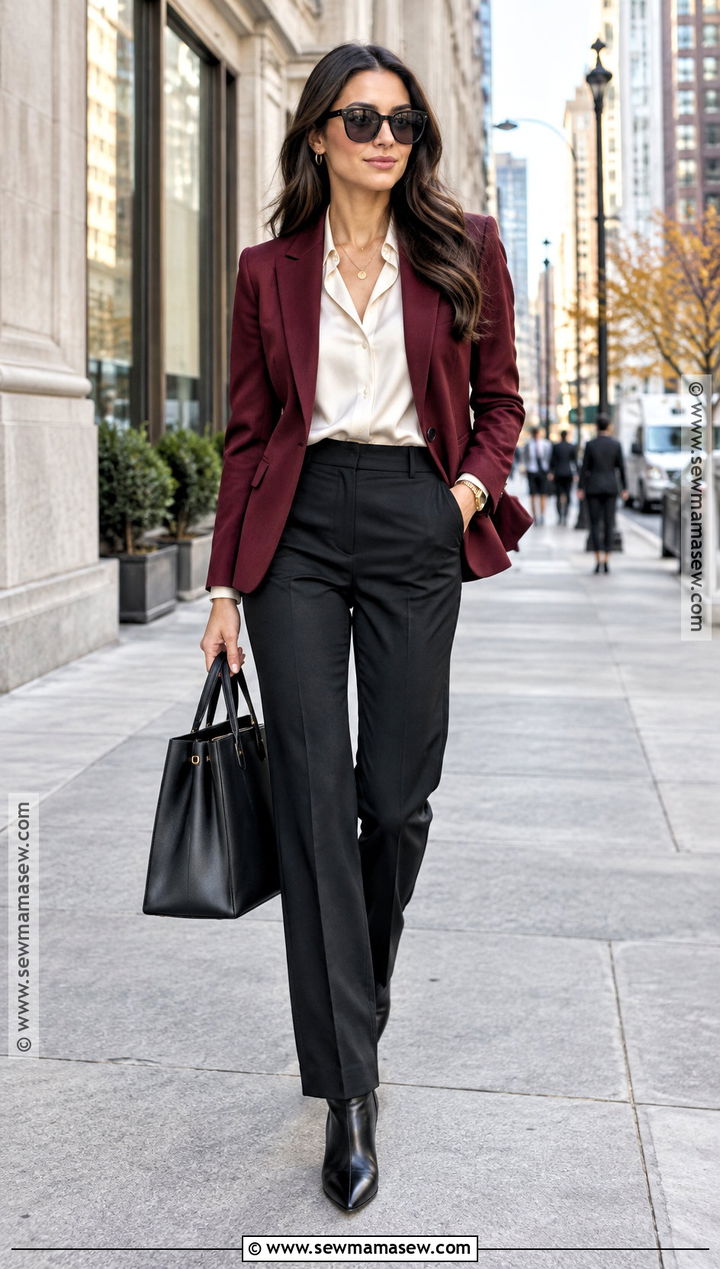Fall Office Burgundy Blazer and Black Trousers Outfit - 15 fall outfits 2026 office