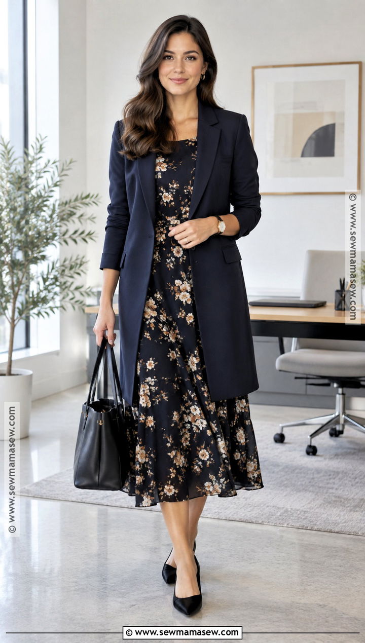 Fall Office Midi Dress and Longline Blazer Outfit - 15 fall outfits 2026 office
