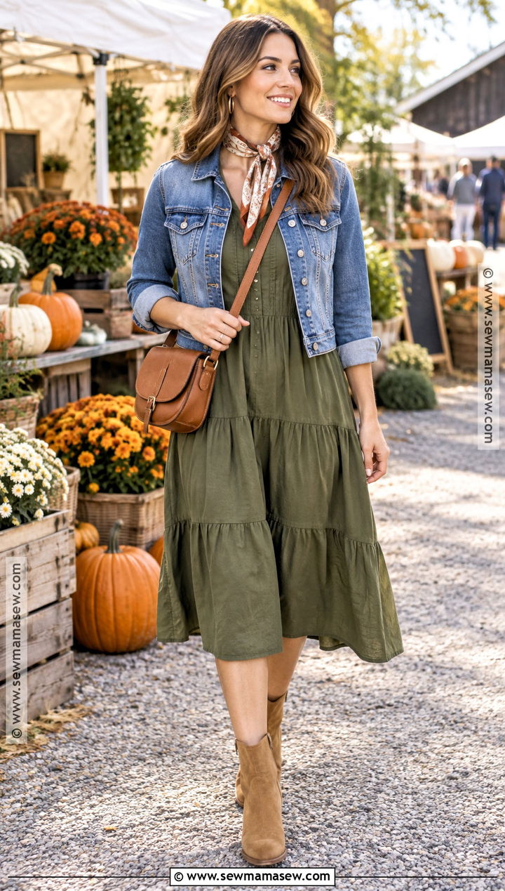 Fall Olive Green Dress With A Denim Jacket - 20 Womens Fall Dresses