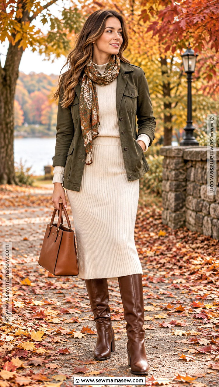 Fall Olive Jacket And Cream Knit Skirt Outfit - 25 fall vibes outfit ideas