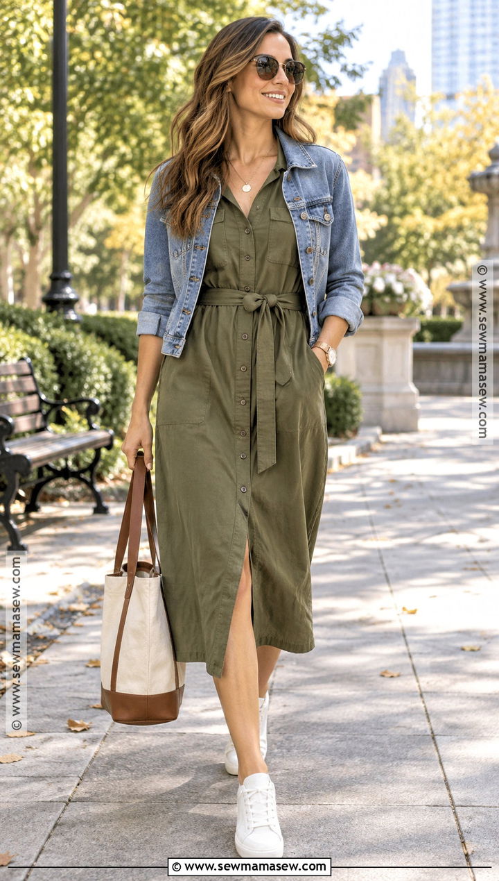 Fall Olive Utility Dress With White Sneakers - 20 dresses for fall
