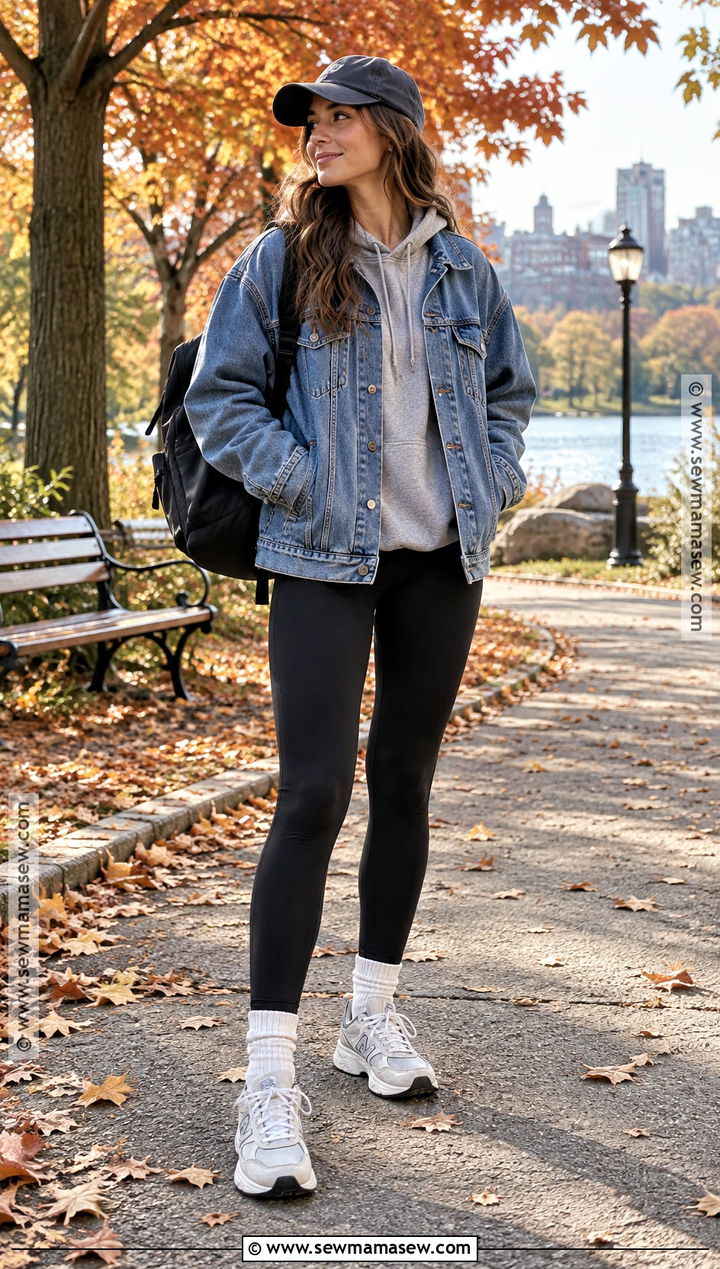 Fall Outdoor Denim Jacket Hoodie And Leggings Outfit - 20 Fall Outfits Outdoor