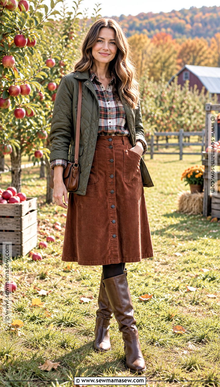 Fall Outdoor Flannel Shirt Quilted Jacket And Corduroy Skirt Outfit - 20 Fall Outfits Outdoor