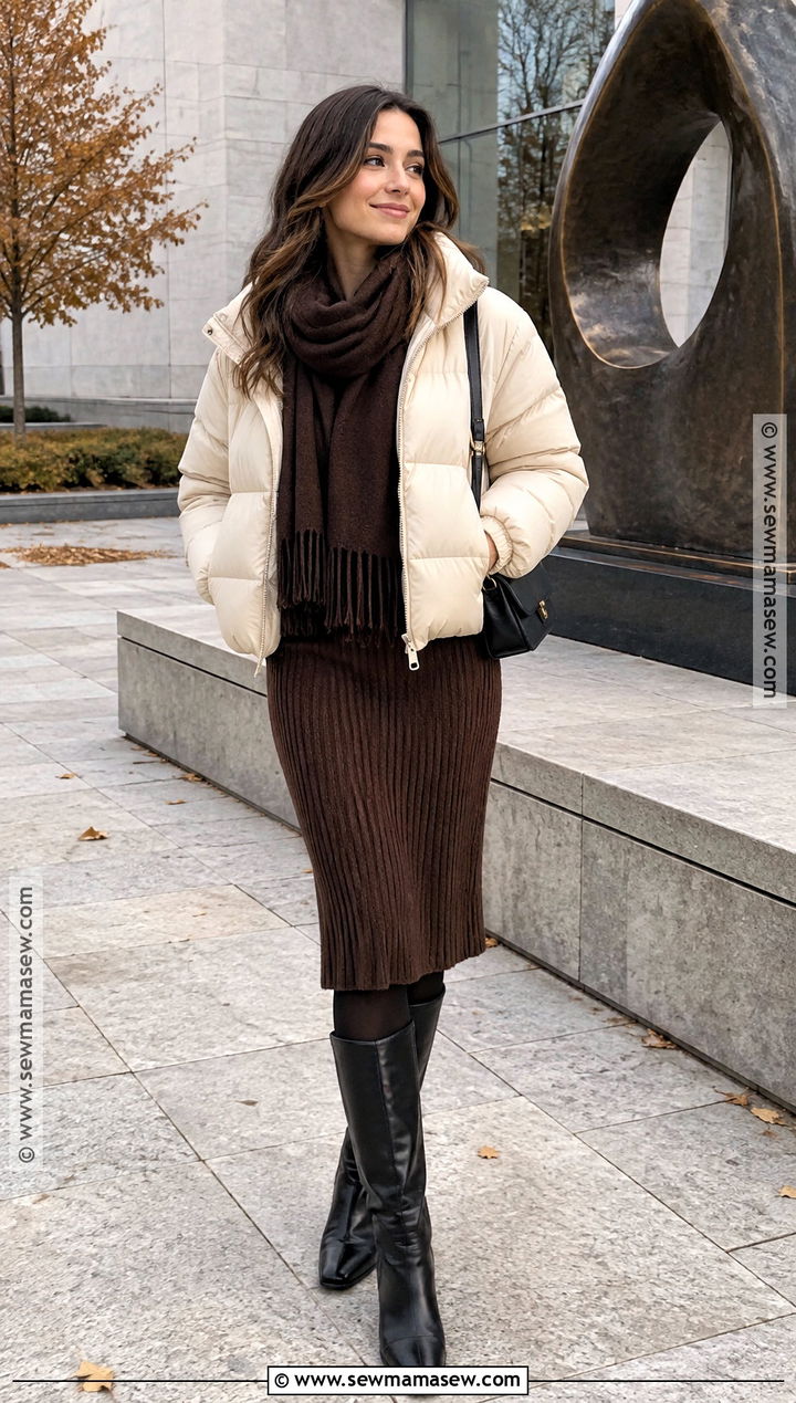 Fall Outdoor Knit Dress Cropped Puffer And Boots Outfit - 20 Fall Outfits Outdoor