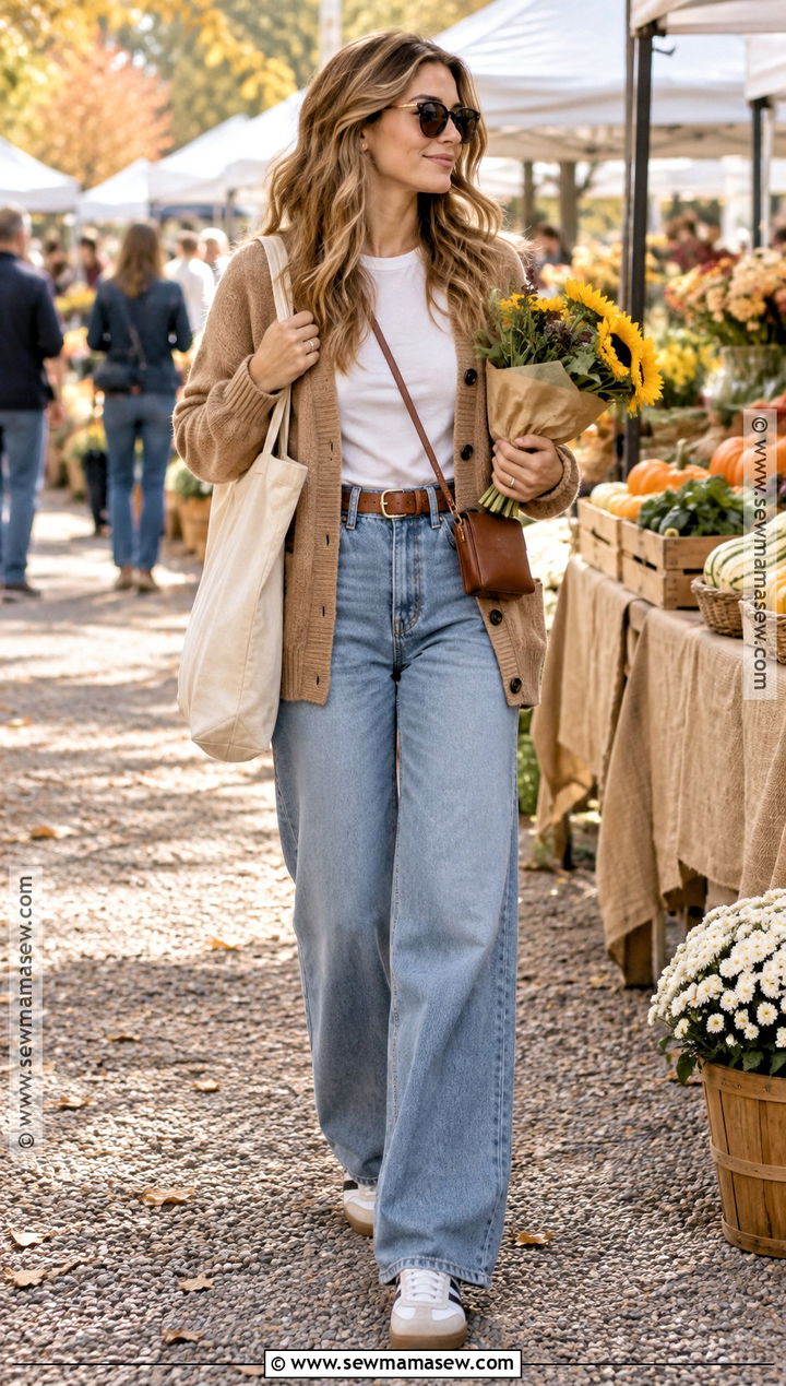 Fall Outdoor Market Outfit With Cardigan and Wide Leg Jeans - 15 outdoor outfits for women fall