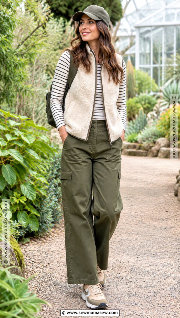 Fall Outdoor Outfit With Fleece Vest and Wide Leg Pants - 20 fall outdoorsy outfits