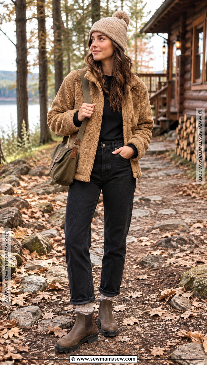 Fall Outdoor Outfit With Sherpa Jacket and Black Jeans - 20 fall outdoorsy outfits