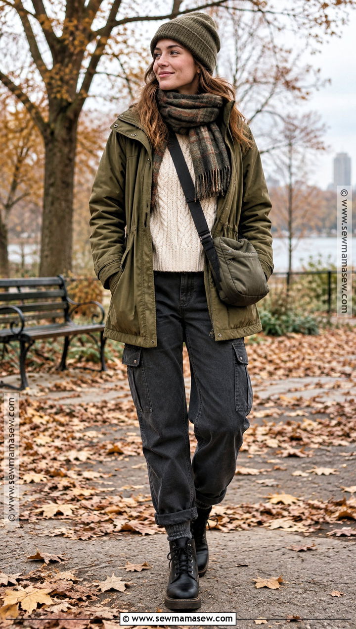 Fall Outdoor Parka Cable Knit Sweater And Cargo Jeans Outfit - 20 Fall Outfits Outdoor