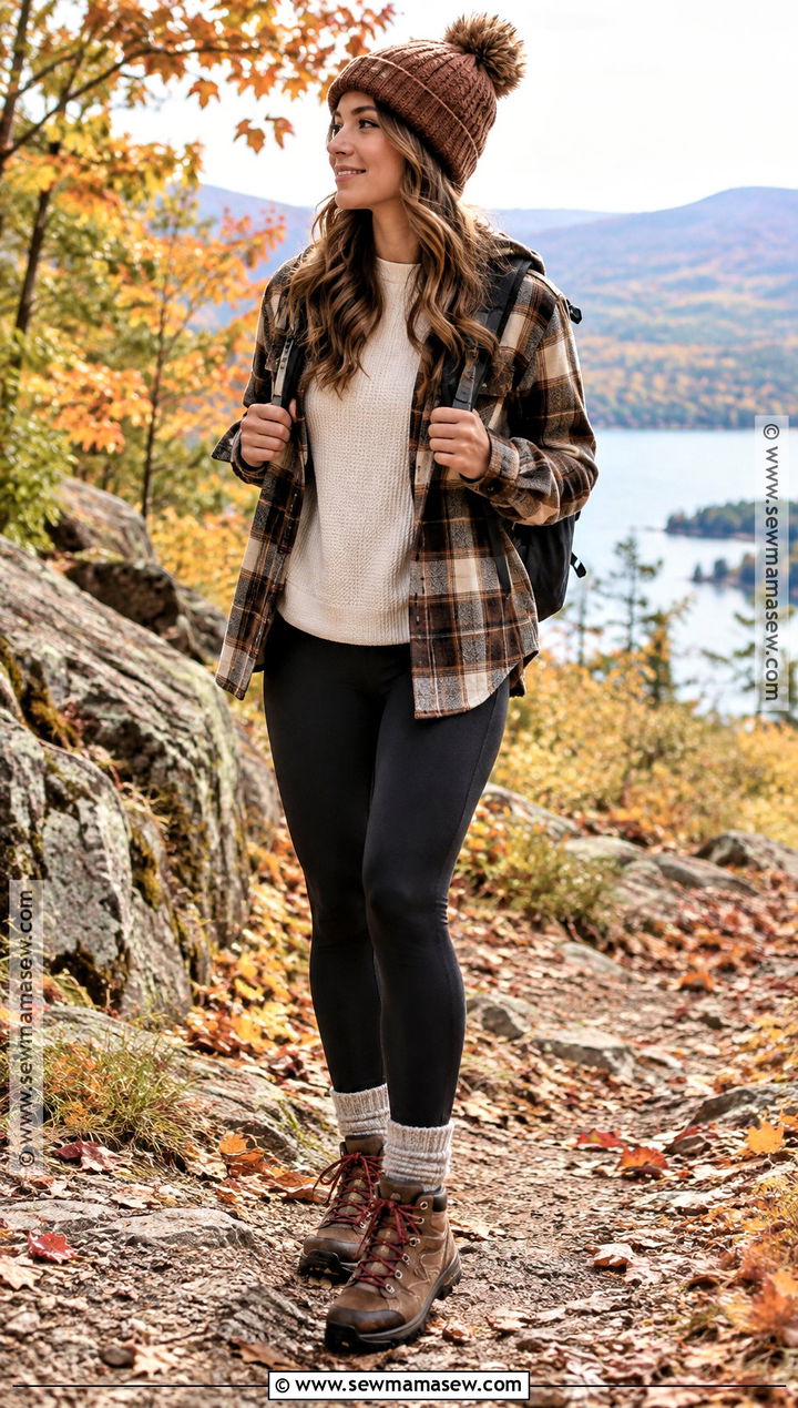 Fall Outdoor Plaid Shacket Leggings And Hiking Boots Outfit - 20 Fall Outfits Outdoor