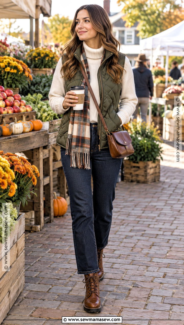 Fall Outdoor Quilted Vest Turtleneck And Jeans Outfit - 20 Fall Outfits Outdoor
