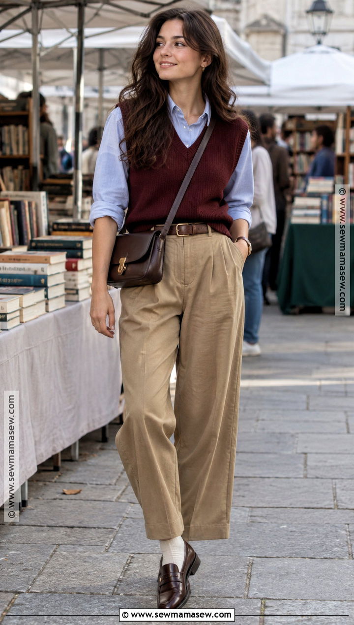 Fall Outdoor Sweater Vest Oxford Shirt And Trousers Outfit - 20 Fall Outfits Outdoor