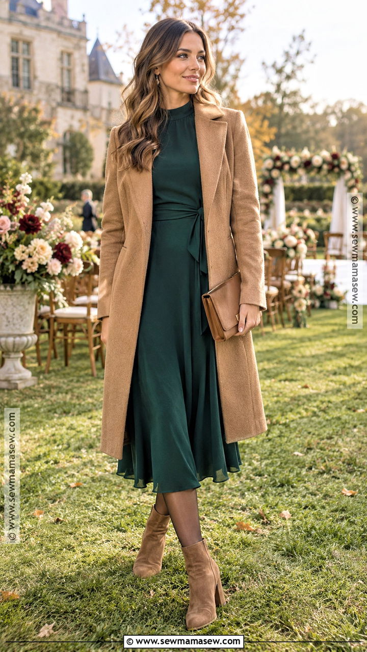 Fall Outdoor Wedding Outfit With Midi Dress And Coat - 20 Outdoor Fall Outfits for Women