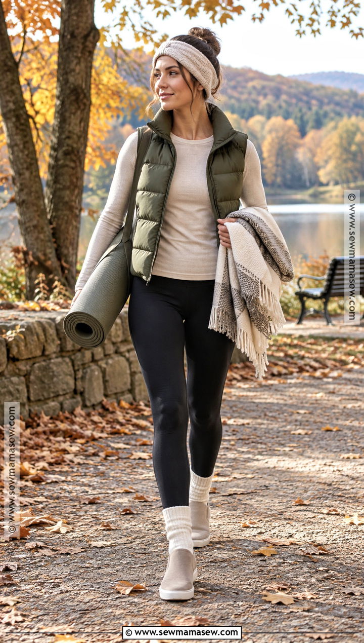 Fall Outdoor Yoga Outfit With Leggings And A Puffer Vest - 15 fall fitness clothes