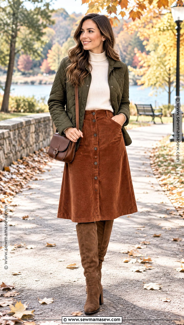 Fall Outfit With A Corduroy Midi Skirt - 20 fall outfits no jeans