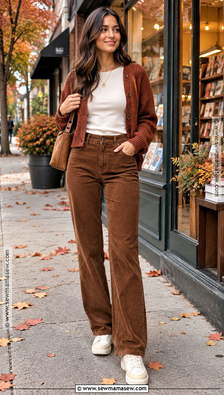 Fall Outfit With Corduroy Pants And Cardigan - 20 fall packing list outfits