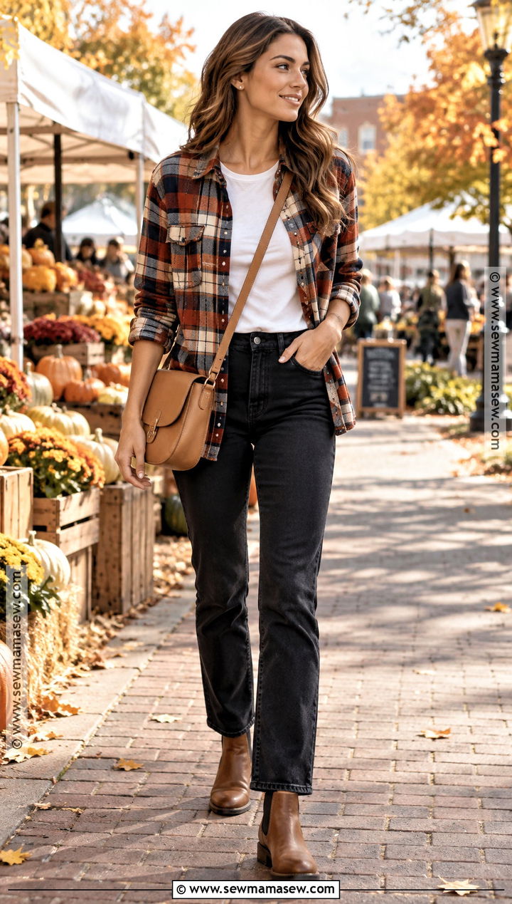 Fall Outfit With Plaid Shirt And Black Jeans - 20 fall packing list outfits