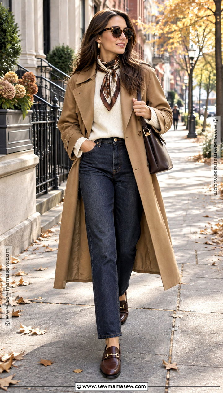 Fall Outfit With Silk Scarf And Trench Coat - 15 fall fashion accessories inspiration