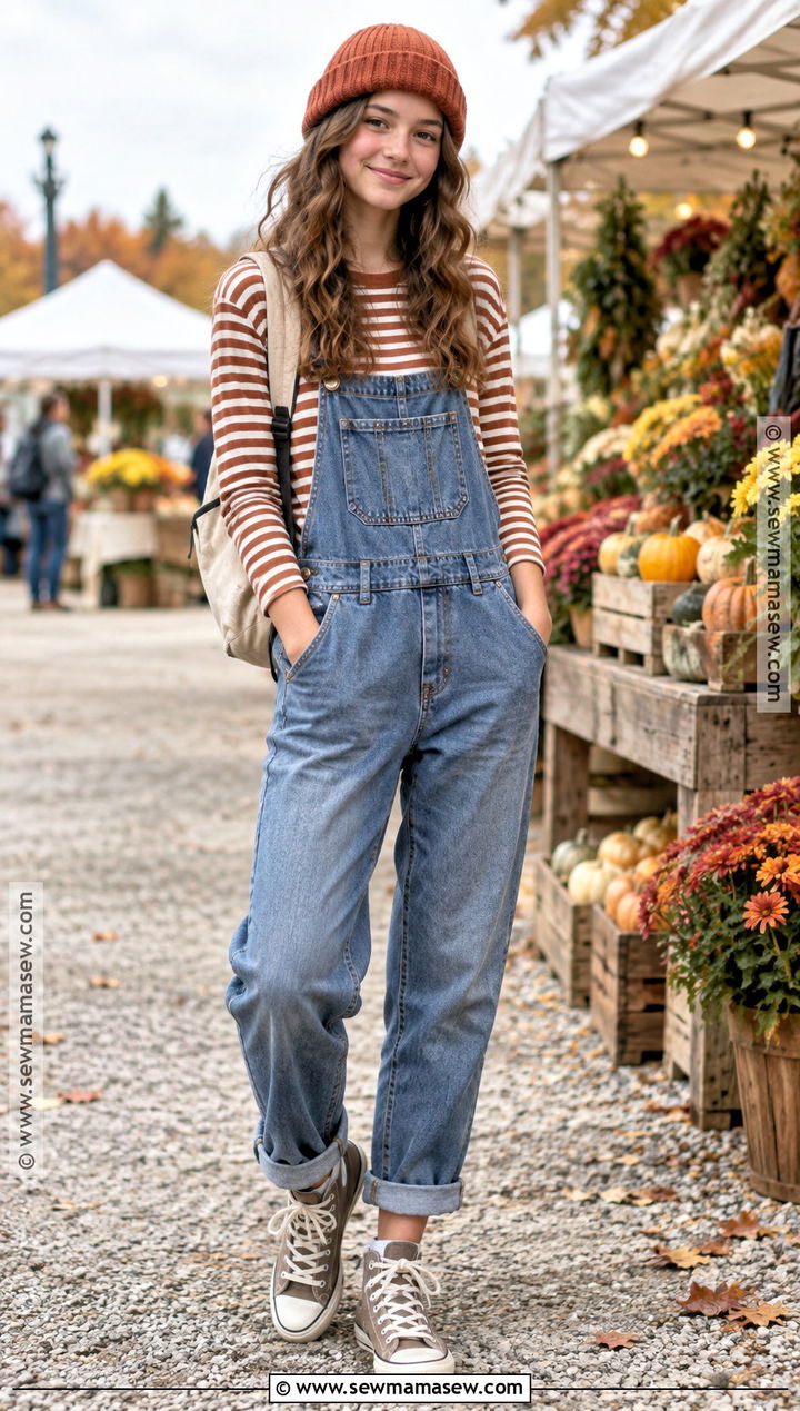 Fall Overalls And Striped Long Sleeve Outfit - 15 fall fashion inspiration ideas for teens
