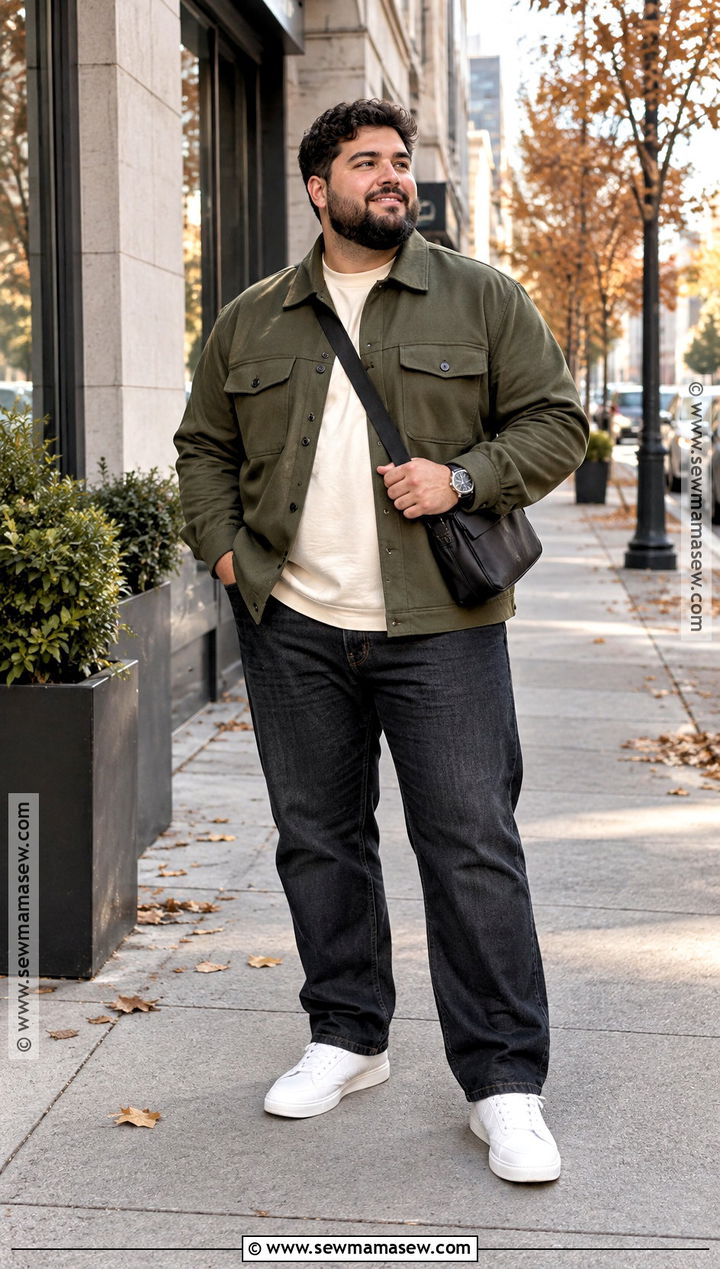 Fall Overshirt With Dark Jeans And Sneakers - 15 mens plus size fall fashion ideas