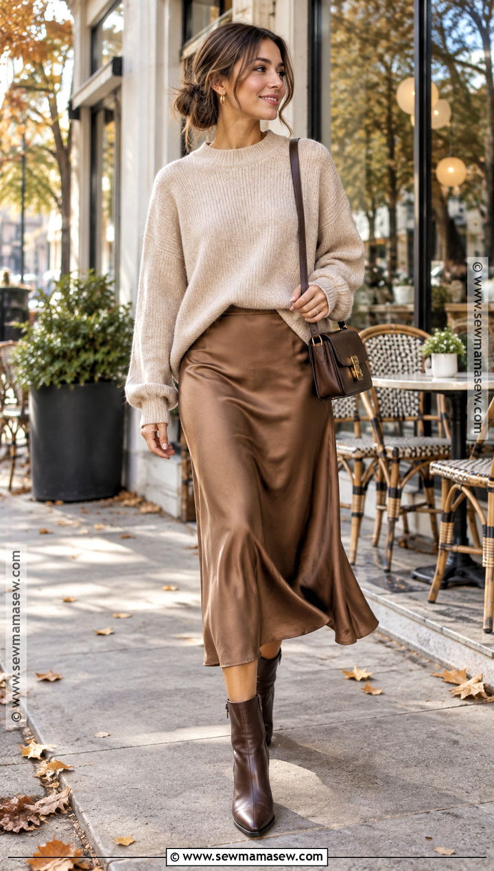 Fall Oversized Sweater And Satin Skirt Outfit - 25 fall inspired outfits