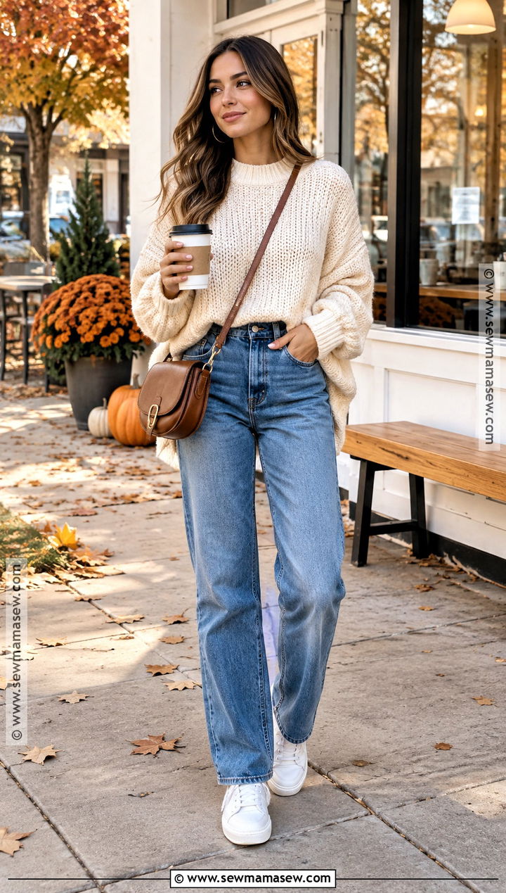 Fall Oversized Sweater and Straight Leg Jeans Outfit - 15 fall hangout outfit ideas