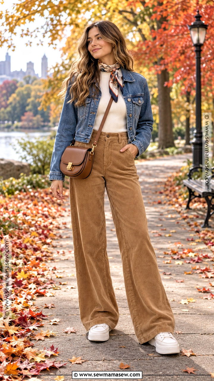 Fall Park Outfit With Denim Jacket And Wide Leg Pants - 20 Outdoor Fall Outfits for Women