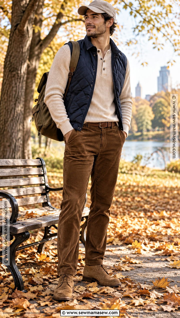 Fall Park Outfit With Quilted Vest and Corduroy Pants - 15 mens fall outdoor outfits