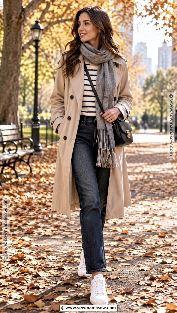 Fall Park Walk Outfit With Trench Coat and Jeans - 15 outdoor outfits for women fall