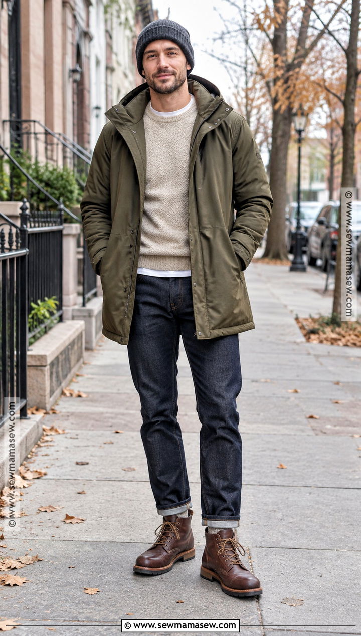 Fall Parka With Knit Sweater And Boots - 20 fall mens outfits casual