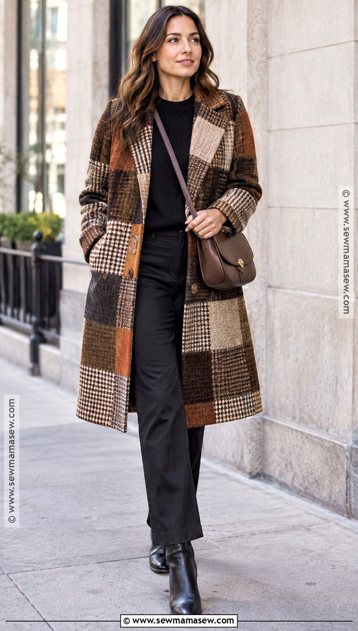 Fall Patchwork Coat And Neutral Outfit - 30 Fall Fashion 2026 Ideas for Women