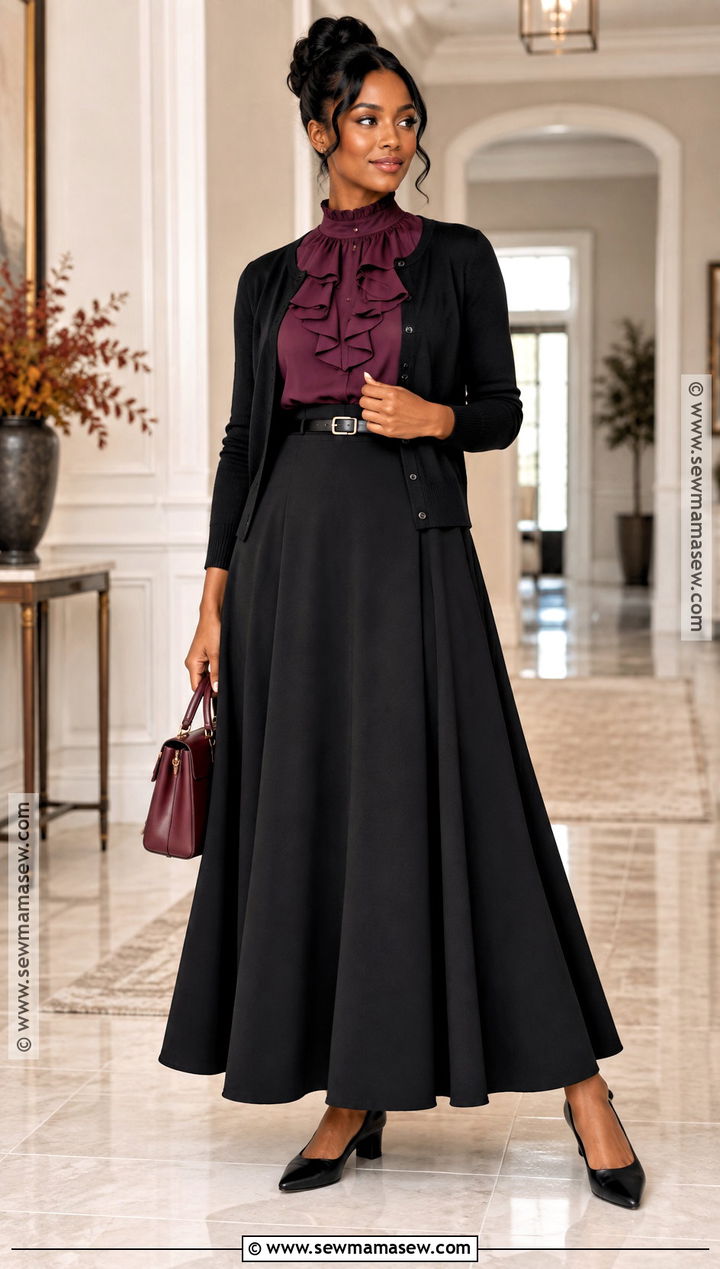 Fall Pentecostal Black Maxi Skirt And Ruffled Blouse Outfit - 15 fall pentecostal outfits