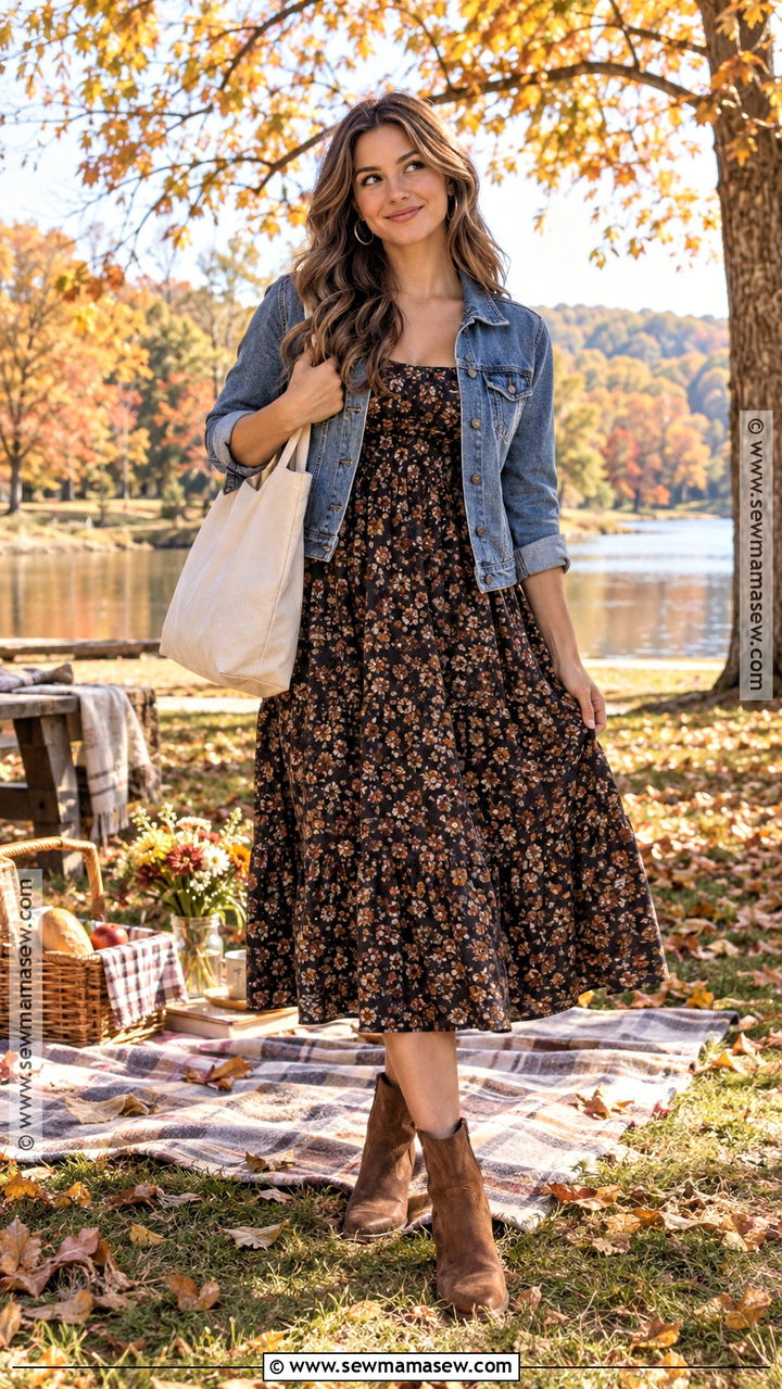 Fall Picnic Date Outfit With Denim Jacket And Floral Dress - 20 fall date outfit ideas
