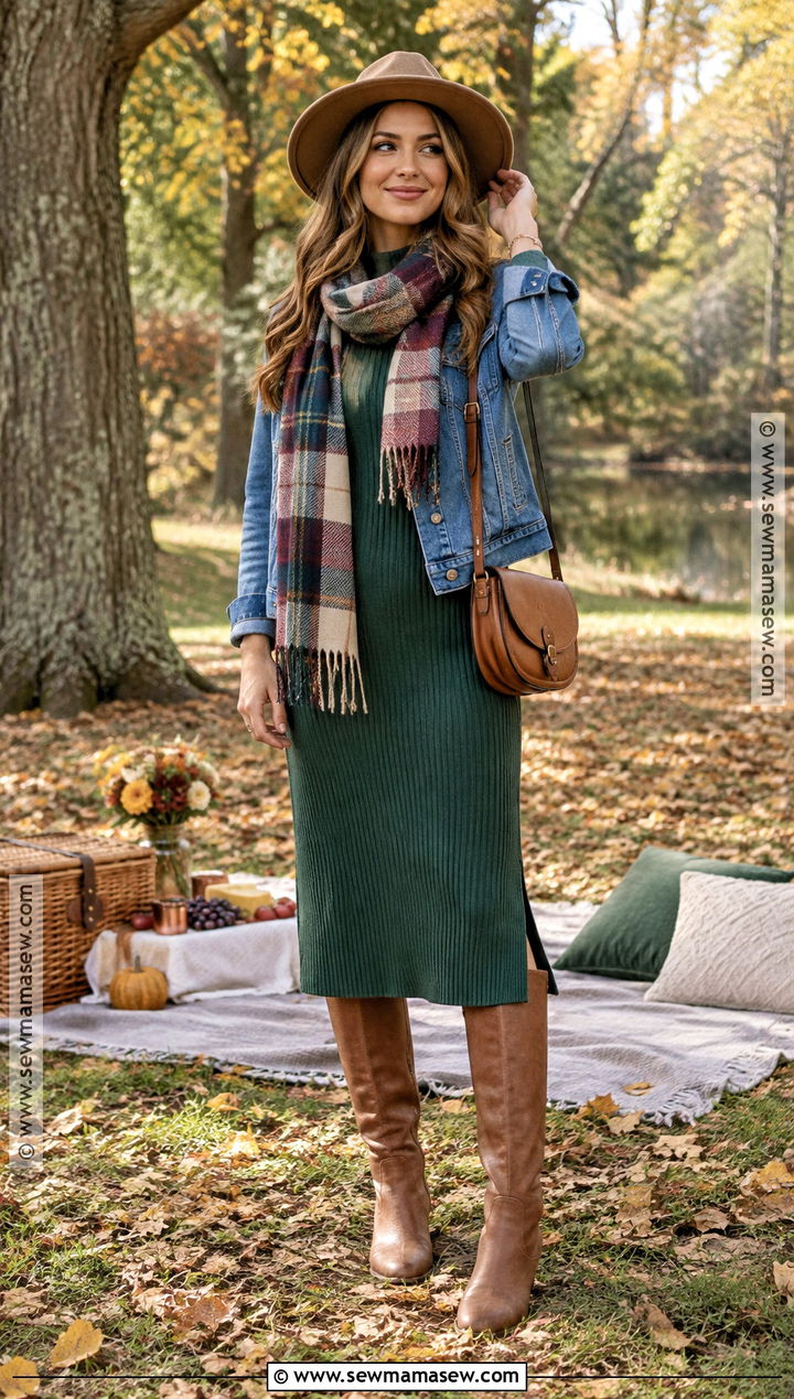 Fall Picnic Outfit With Knit Dress and Boots - 15 outdoor outfits for women fall