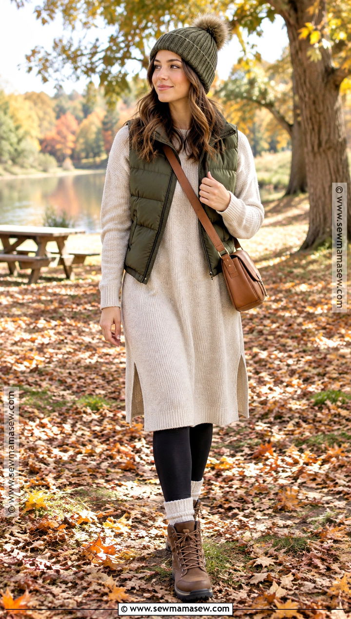 Fall Picnic Outfit With Knit Dress and Hiking Boots - 20 fall outdoorsy outfits