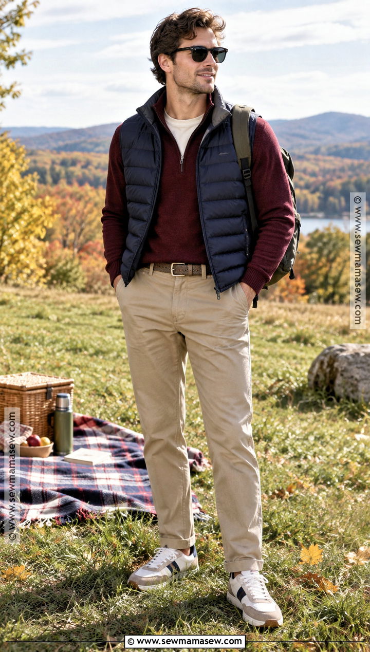 Fall Picnic Outfit With Puffer Vest and Khaki Pants - 15 mens fall outdoor outfits