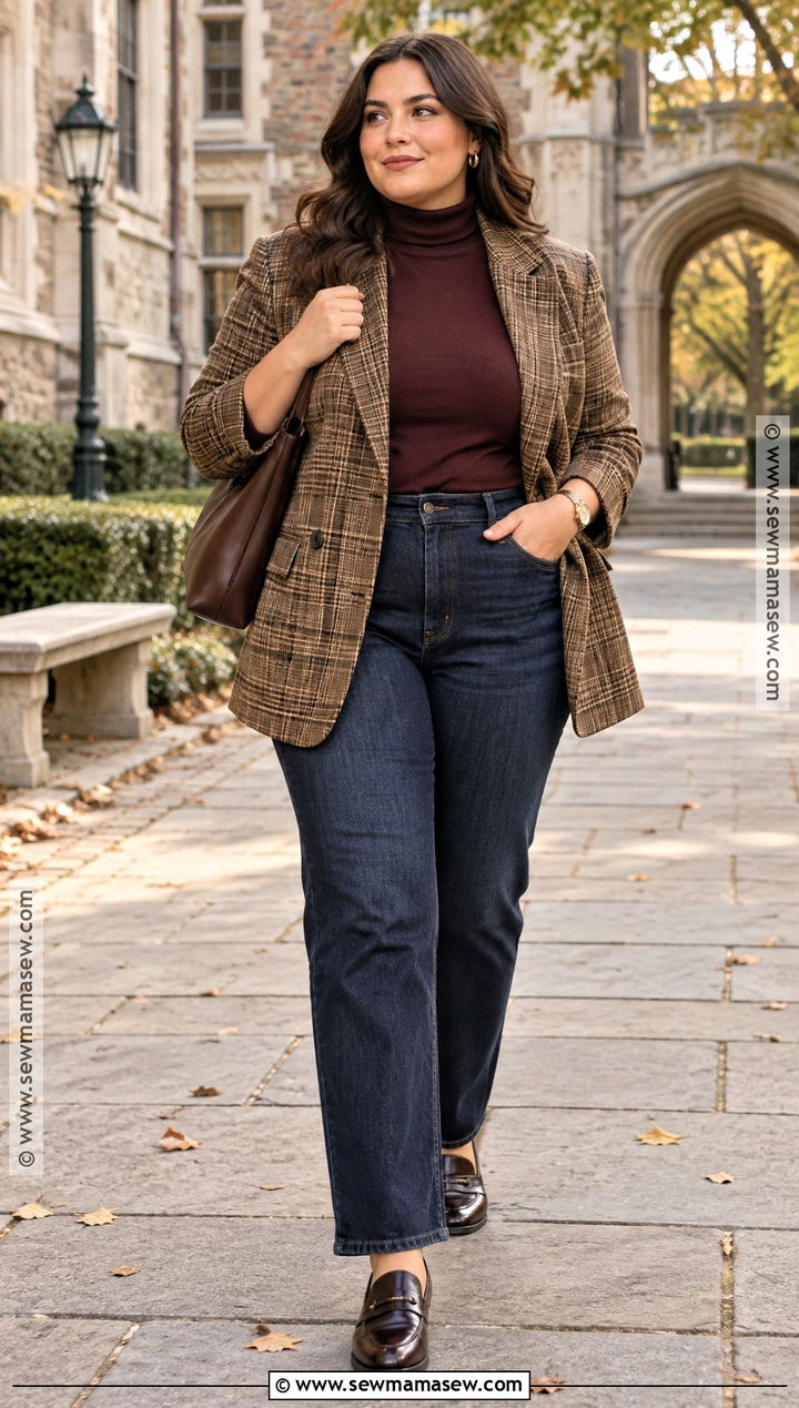 Fall Plaid Blazer With Turtleneck And Jeans - 15 fall fashion style ideas
