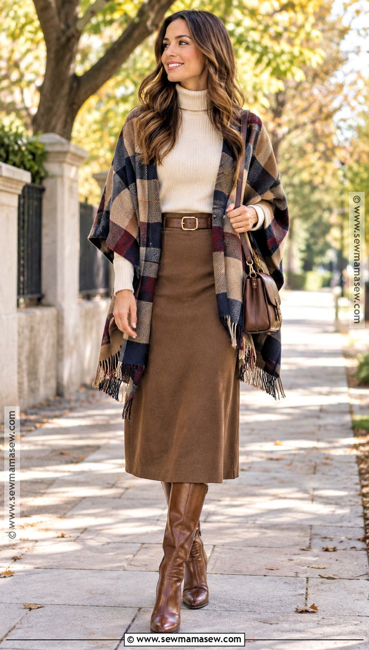 Fall Plaid Cape And Midi Skirt Outfit - 20 fall fashion trends for women